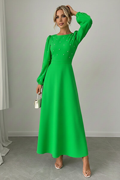 KHİ-ZAİ Women's Pearl Detail Round Neck Princess Sleeve Low Waistline Self Be...