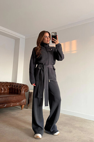 Purple by Banu Antrasit Kuşaklı Triko Takım