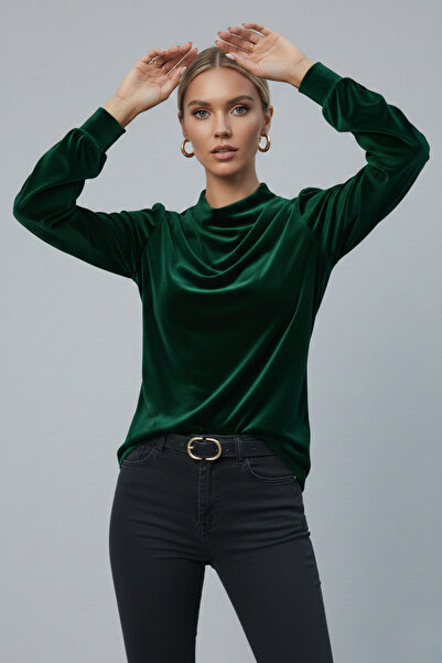 KHİ-ZAİ Women's Back Zipper Court Collar Look Cuffed Velvet Event Blouse