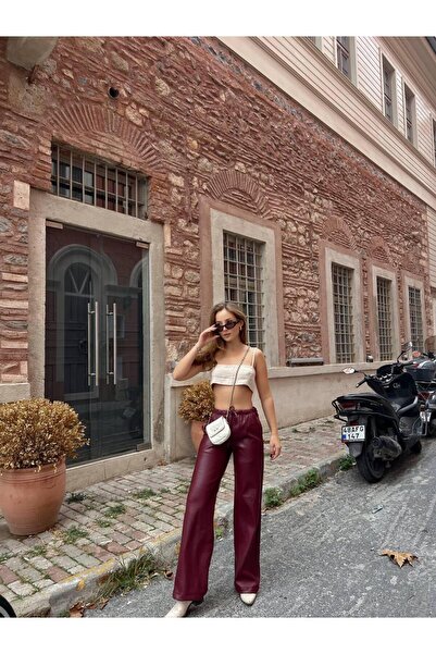 Zechka Kadın Deri Görünümlü Yüksek Bel Pantolon