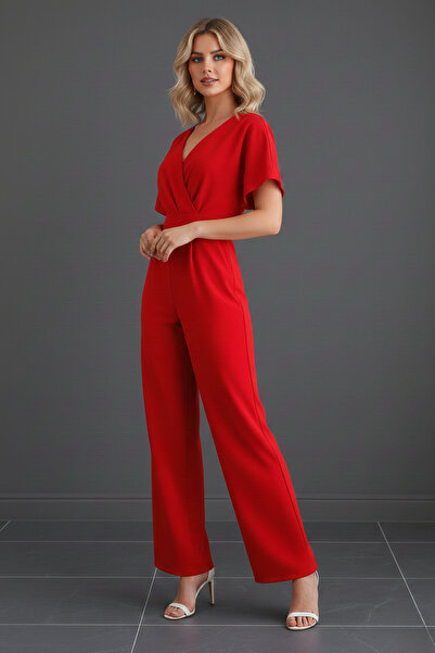 KHİ-ZAİ Women's Short Sleeve Double-Breasted Collar Self Belted Jumpsuit