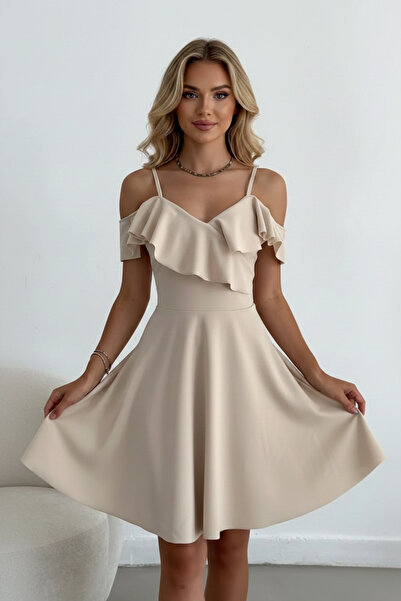 KHİ-ZAİ Women's Strappy Shoulder Ruffle Dress