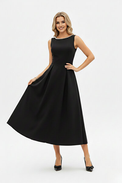 KHİ-ZAİ Women's Pearl Detailed A-Line Sleeveless Backless Scuba Fabric Midi L...