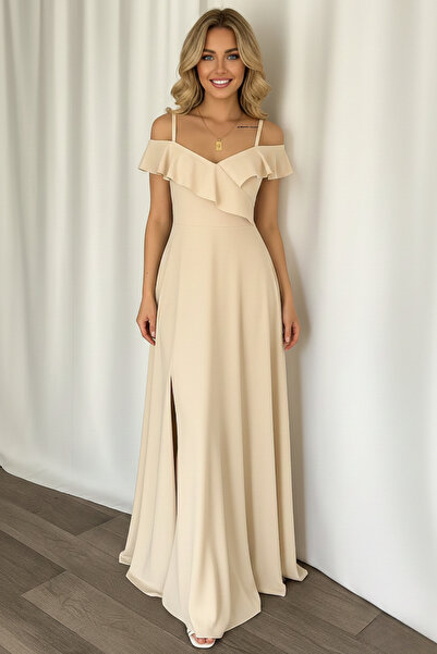 İntive Lingerie Women's Collar Flounce Crepe Fabric Long Evening Dress