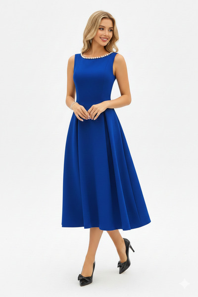 KHİ-ZAİ Women's Pearl Detailed A-Line Sleeveless Backless Scuba Fabric Midi L...