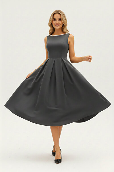 KHİ-ZAİ Women's Pearl Detailed A-Line Sleeveless Backless Scuba Fabric Midi L...