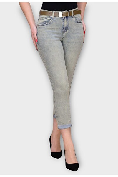 Elis Fashion Blugi Gri Mom Fit cu Talie Inalta si Curea