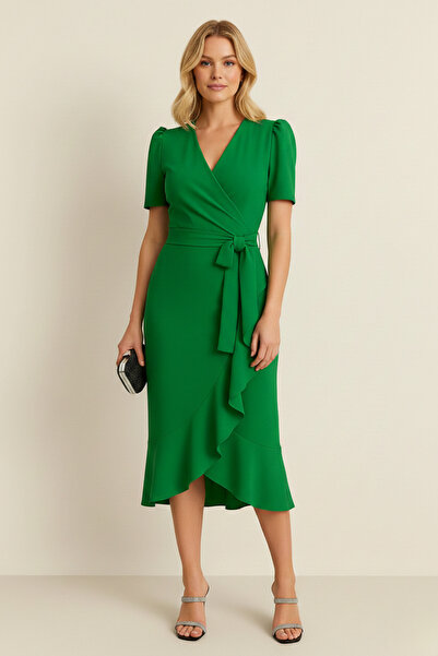 KHİ-ZAİ Women's Fabric Short Sleeve Belted Midi Dress