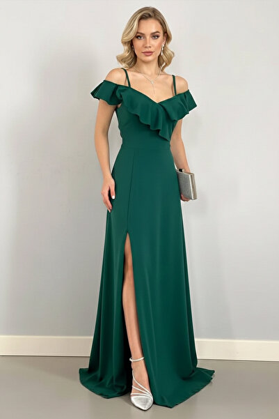 KHİ-ZAİ Women's Collar Flounce Crepe Fabric Long Evening Dress