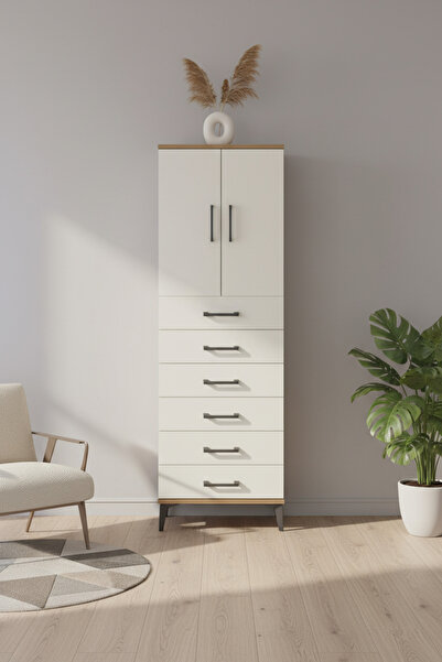 EnTrendMobilya Luna Dolap: 6 Çekmeceli, 2 Kapaklı, Çam-Aytaşı Gardırop 60x44x182