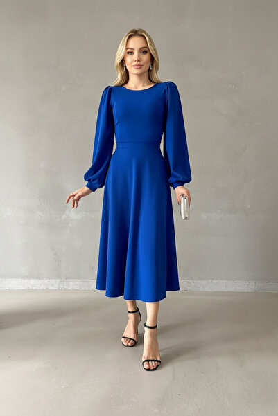 İntive Lingerie Women's Balloon Sleeve Midi Length Crew Neck Crepe Dress