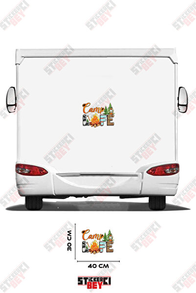 STİCKERCI BEY Camp Life Text with Ax, Tree and Fire Pattern Caravan Sticker C...