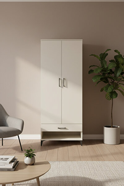 EnTrendMobilya Silva Dolap 5 Raflı Tek Çekmeceli 2 Kapaklı 88x30x221 Aytaşı