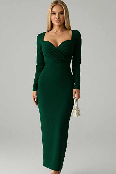 İntive Lingerie Women's Sweetheart Neckline Slit Long Sleeve Long Dress