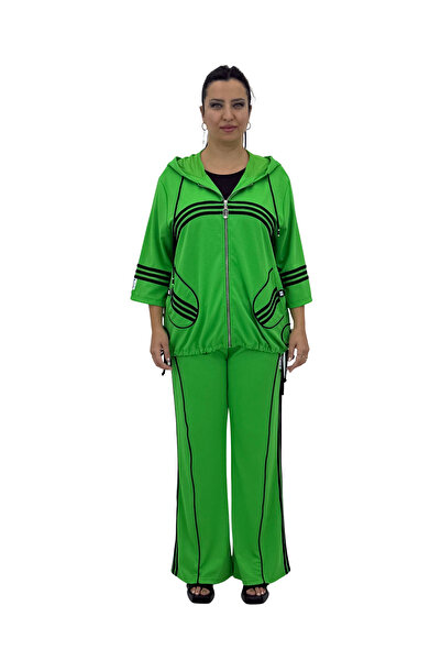 Sortie Plus Size Striped Detail Hooded Women's Tracksuit Set with Zippered Po...