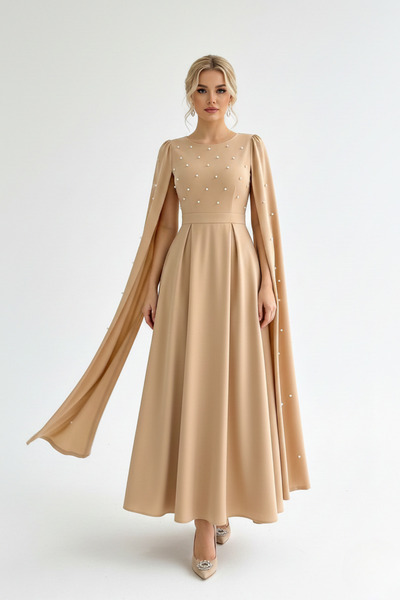 KHİ-ZAİ Women Cape Sleeves Pearl Detail Waist Belted Round Neck Crepe Fabric ...