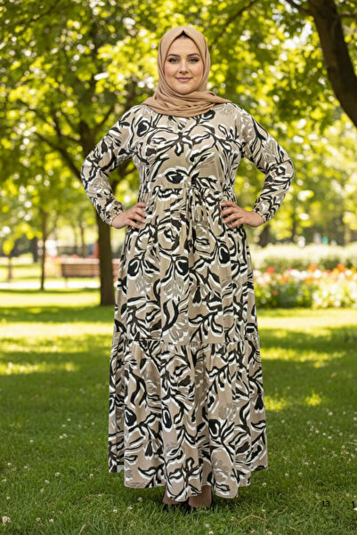 BNZ TEKSTİL Belmando Viscose Patterned Transitional Long Hijab Dress with Gat...