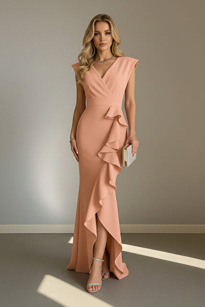 KHİ-ZAİ Women's Double-Breasted Collar Flounce Slit Detail Scuba Fabric Fish ...