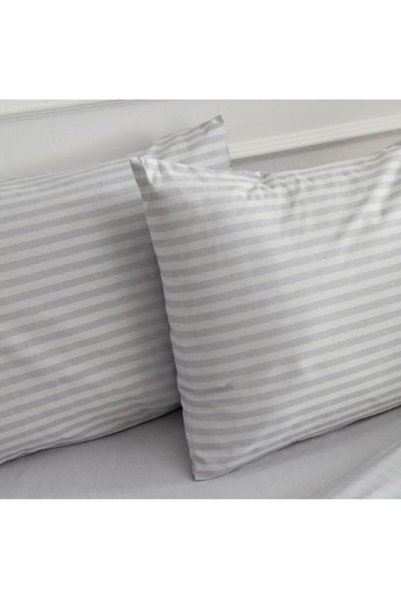 mer-tim ezberbozan ev tekstili Mertim Home Textile Gray Striped Cotton Satin Double King Size Elastic-Free Sheet Set 240X260