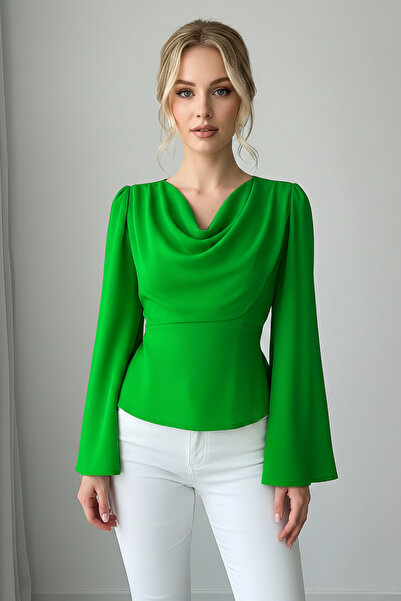 minenka Women's Degaje Collar Spanish Sleeve Belted Blouse