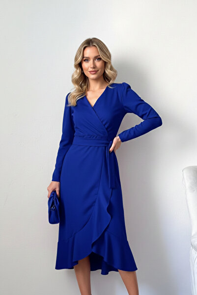 KHİ-ZAİ Women's Crepe Fabric Long Sleeve Belted Midi Dress