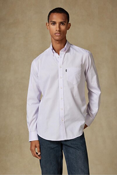 Abbate Aldomar Poplin Cotton Comfort Fit Purple Button down Collar Men's Chec...