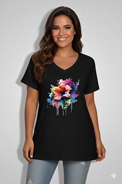 JENOLAN Tricou de damă cu decolteu în V și imprimeu floral, larg și supradime...