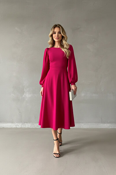 KHİ-ZAİ فستان نسائي بأكمام بالونية متوسطة الطول وياقة دائرية من قماش الكريب