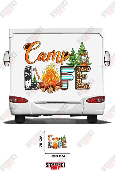 STİCKERCI BEY Camp Life Text with Ax, Tree and Fire Pattern Caravan Sticker C...
