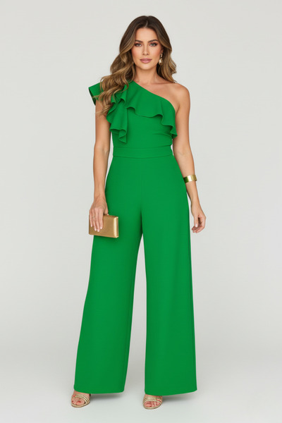 KHİ-ZAİ Women's One Shoulder Detail Ruffled Crepe Fabric Jumpsuit