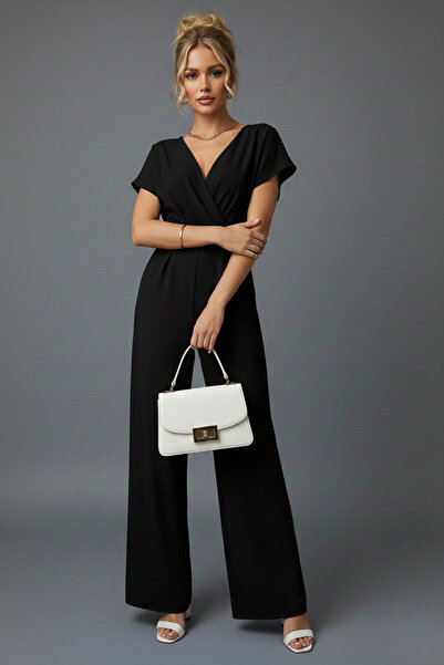 KHİ-ZAİ Women's Short Sleeve Double-Breasted Collar Self Belted Jumpsuit