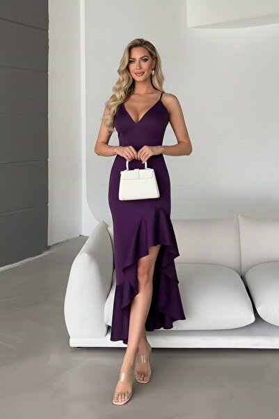 KHİ-ZAİ Women's Thin Strap Hem Asymmetrical Flounce Scuba Fabric Evening Dress