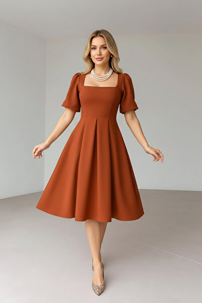 İntive Lingerie Women's Crepe Fabric Balloon Sleeve Pleated Square Neck Midi ...