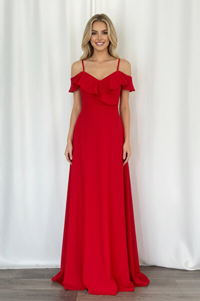 KHİ-ZAİ Women's Collar Flounce Crepe Fabric Long Evening Dress