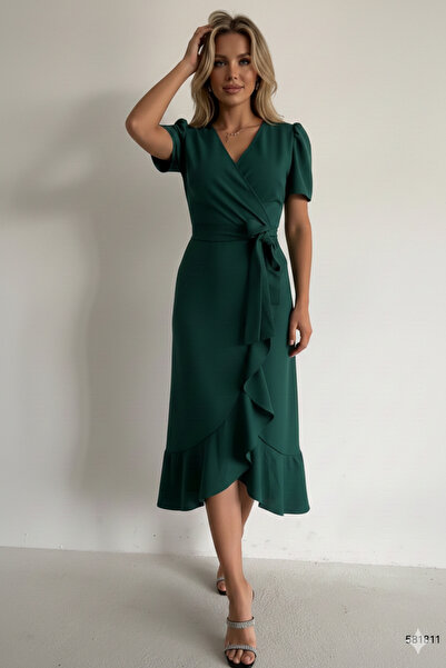 KHİ-ZAİ Women's Fabric Short Sleeve Belted Midi Dress