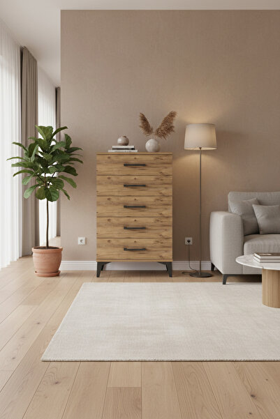 EnTrendMobilya Silva Komodin 5 Çekmeceli Çam - 60x30x96 cm | Yatak Odası Düze...