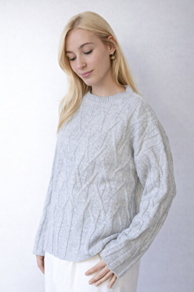 Duuf Gray Oversized Crew Neck Soft Textured Knitwear Sweater Df008