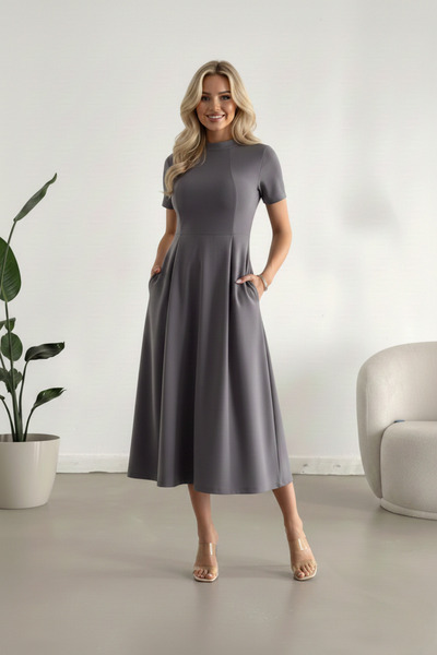 İntive Lingerie Women's Short Sleeve Pocket Long Crepe Fabric Dress