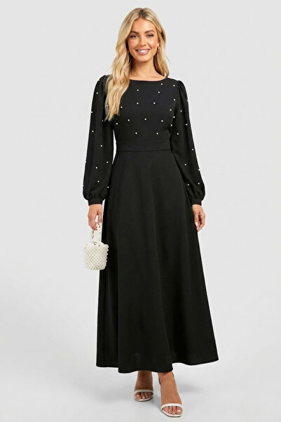 minenka Women's Pearl Detail Round Neck Princess Sleeve Low Waistline Self Be...