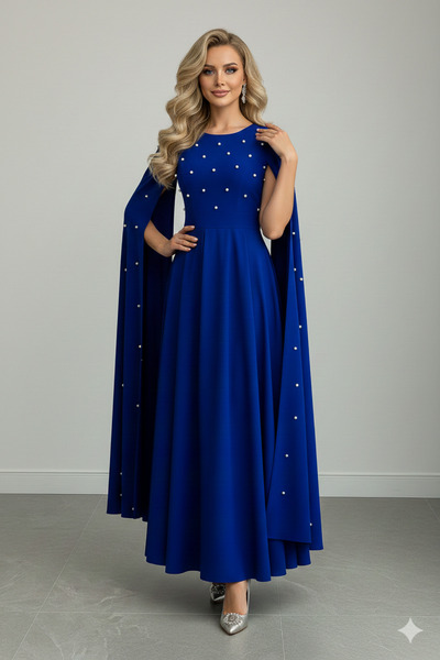 KHİ-ZAİ Women Cape Sleeves Pearl Detail Waist Belted Round Neck Crepe Fabric ...