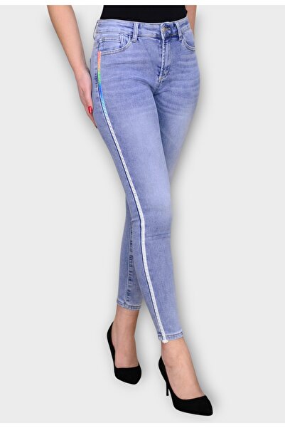 Elis Fashion Blue High Waist Skinny Jeans with Multicolor Side Stripe