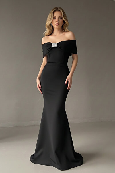 İntive Lingerie Madonna Yaka Taş Detay Maxi Boy Scuba Kumaş Balık Abiye Elbise