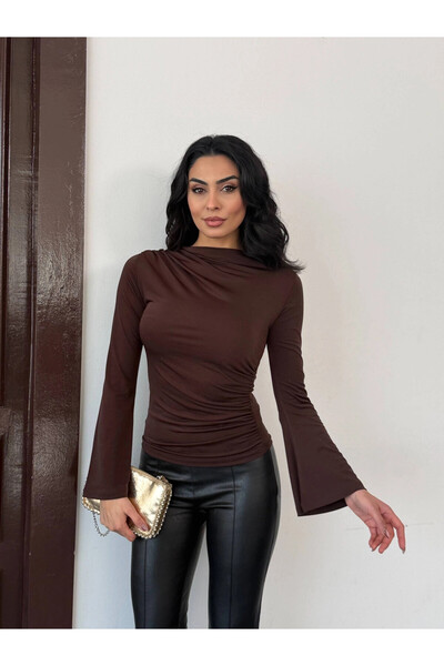 hazelin Women's Brown Drape Detailed Spanish Sleeve Sany Blouse Hzl25W-Fry123431