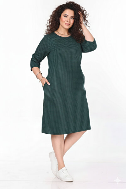 sharin Women's Plus Size Winter Patterned Midi Length Crew Neck Dress with Po...