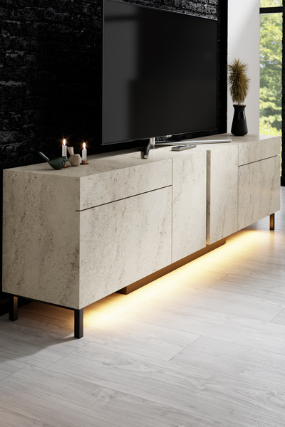 Modatte PARİS TV ÜNİTESİ LED IŞIKLI METAL AYAKLI MODERN TRAVERTEN TV SEHPASI