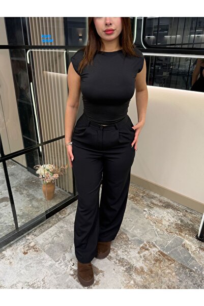 mor butik Women's Black Relaxed Fit Fabric Trousers Mel4