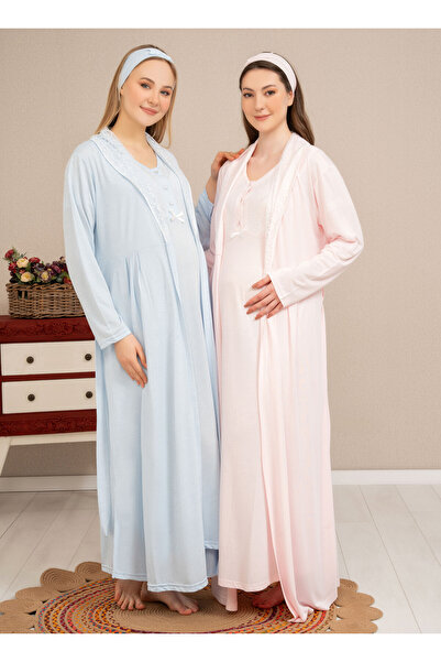 Baha Tesettüre Uygun Pembe Renk Dantel Yaka Yarım Kollu Sabahlıklı Gecelik Ta...