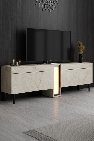 Modatte NOVA TV ÜNİTESİ LED IŞIKLI METAL AYAKLI MODERN TASARIM TRAVERTEN TV S...