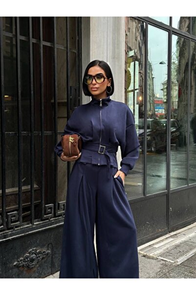 NEW JOURNAL Set de pantaloni și jachetă pentru femei, albastru marin, cu tali...