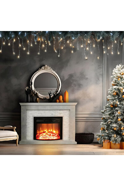 Enlis Collection 1800 W Beton Desen Elektrikli Şömine Beyaz Taşlı Alev Efektl...